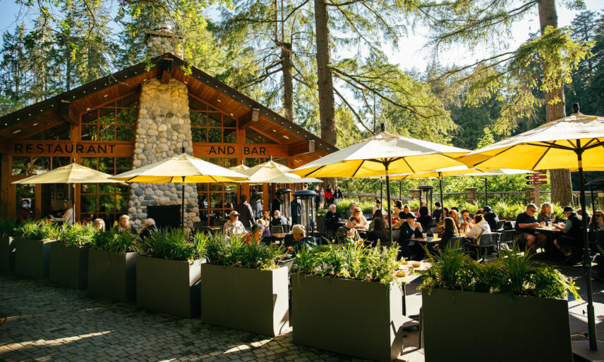 Guests enjoy the sunny afternoon on the patio of the Cliff House Restaurant, surrounded by panoramic views of nature and the serene ambiance of Capilano Suspension Bridge Park