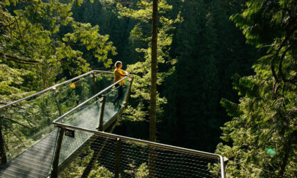 guest at the lookout on Cliffwalk at capilano suspension bridge park