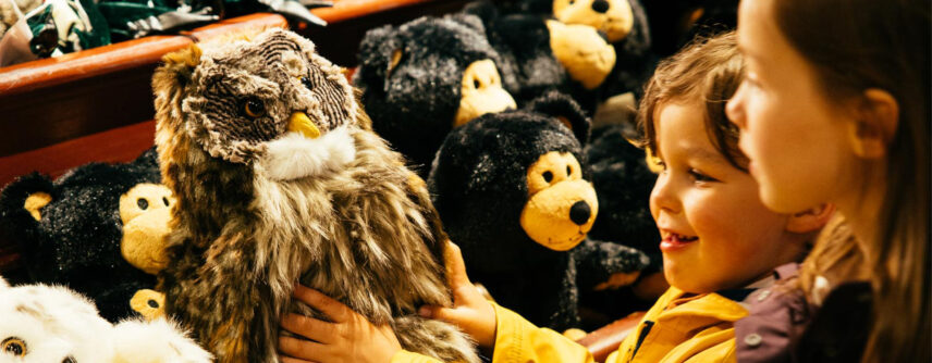kids with owl toys at the trading post gift shop at capilano suspension bridge park