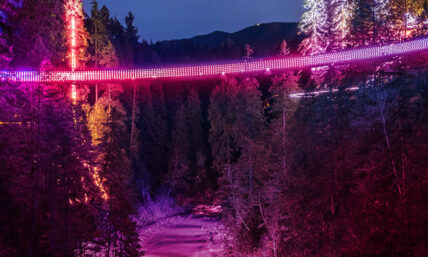 Capilano Suspension Bridge glowing pink during Love Lights above Capilano River