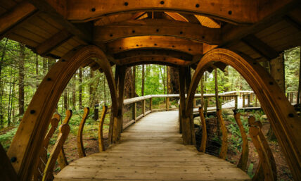 A stunning handcrafted wood entranceway welcomes visitors into the rainforest of the park, embodying the natural beauty and craftsmanship that await at Capilano Suspension Bridge Park