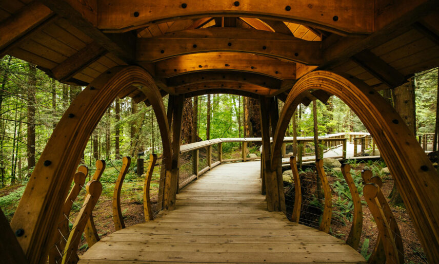 A stunning handcrafted wood entranceway welcomes visitors into the rainforest of the park, embodying the natural beauty and craftsmanship that await at Capilano Suspension Bridge Park