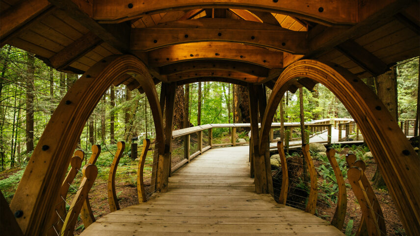 A stunning handcrafted wood entranceway welcomes visitors into the rainforest of the park, embodying the natural beauty and craftsmanship that await at Capilano Suspension Bridge Park