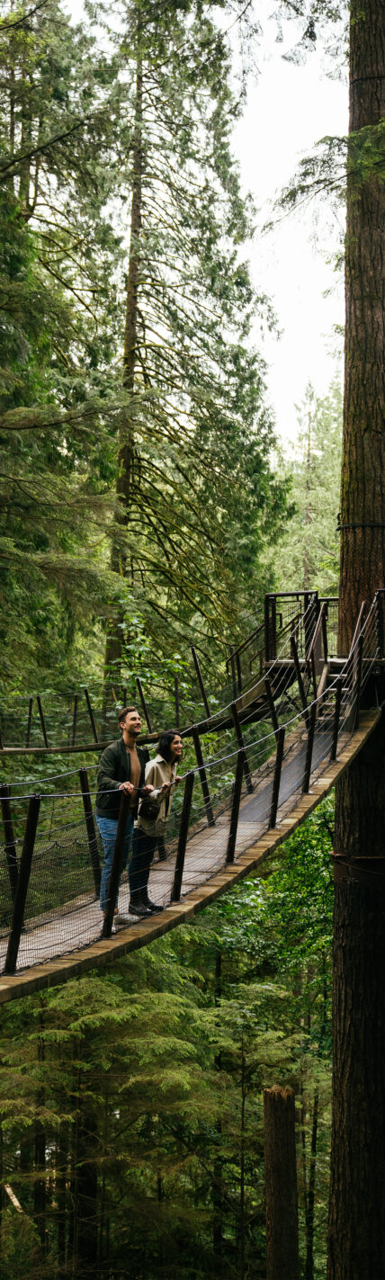 A young couple stands side by side on a suspended bridge of Treetops Adventure, framed by large old-growth trees in the foreground, immersed in the tranquil beauty of Capilano Suspension Bridge Park
