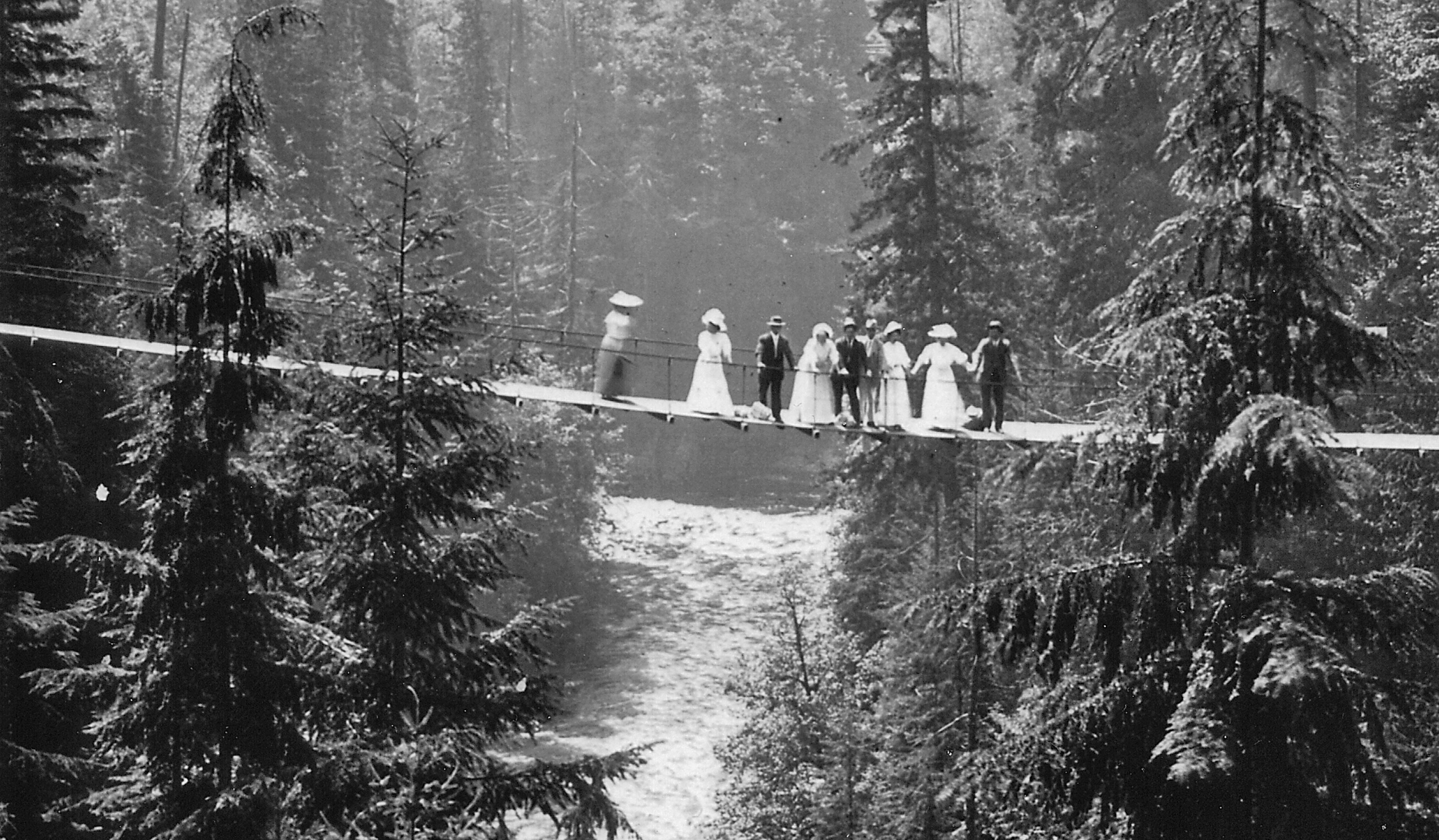 guests on Capilano Suspension Bridge in 1889