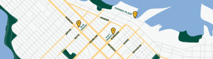 Map of downtown Vancouver with pick up locations for the Free Shuttle